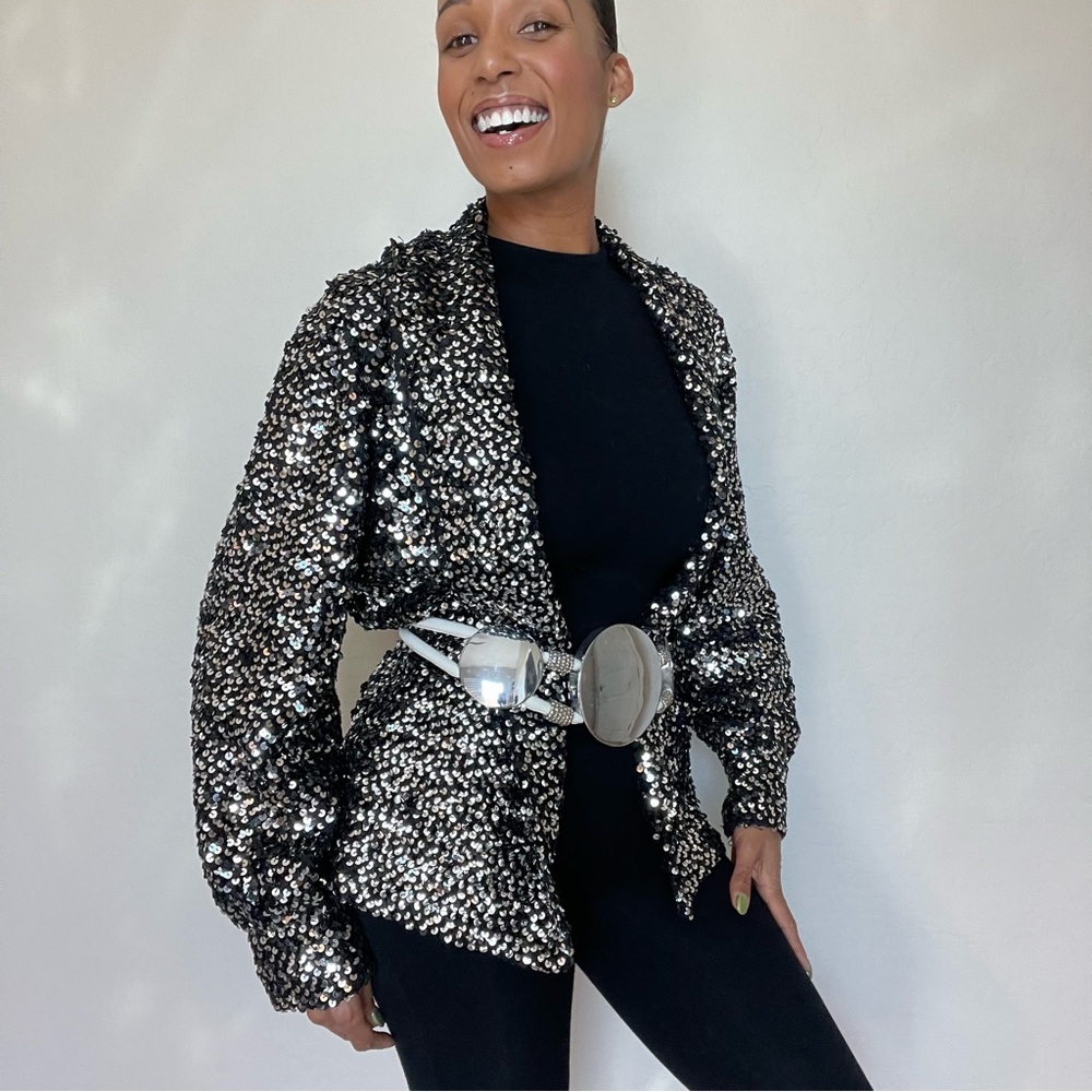Vintage Sequin Silver Jacket W/ Button Sleeves - image 1